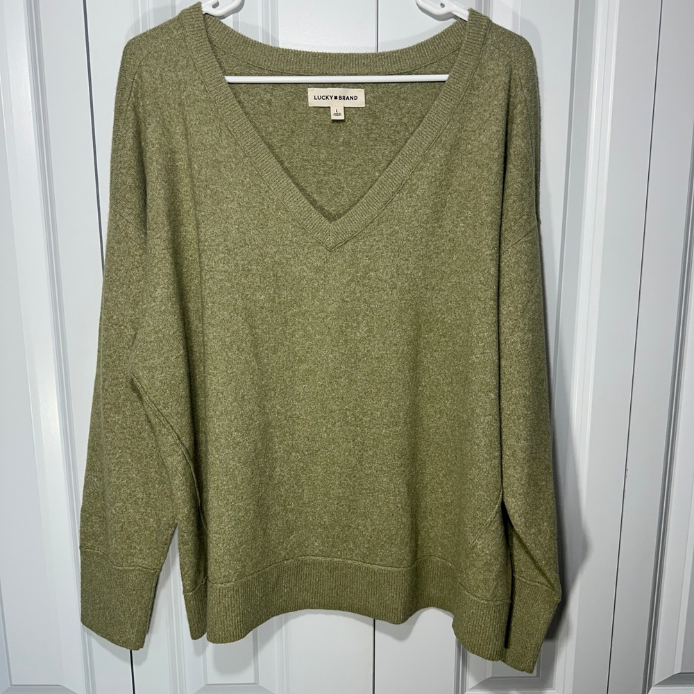 Lucky Brand V-Neck Sweater Women Size L Olive Green Heathered Knit Super Soft